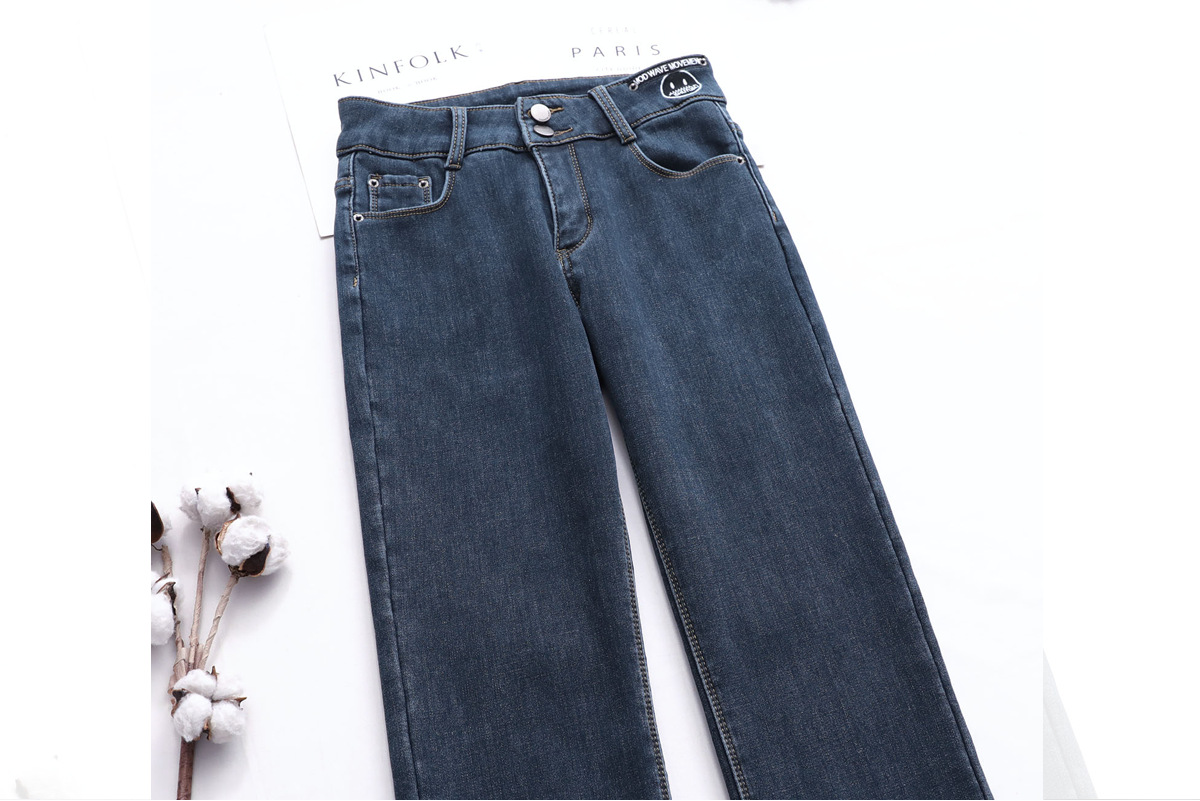 011820高腰老爹裤加绒豹纹贴标牛仔裤女冬款显瘦宽松直筒哈伦裤