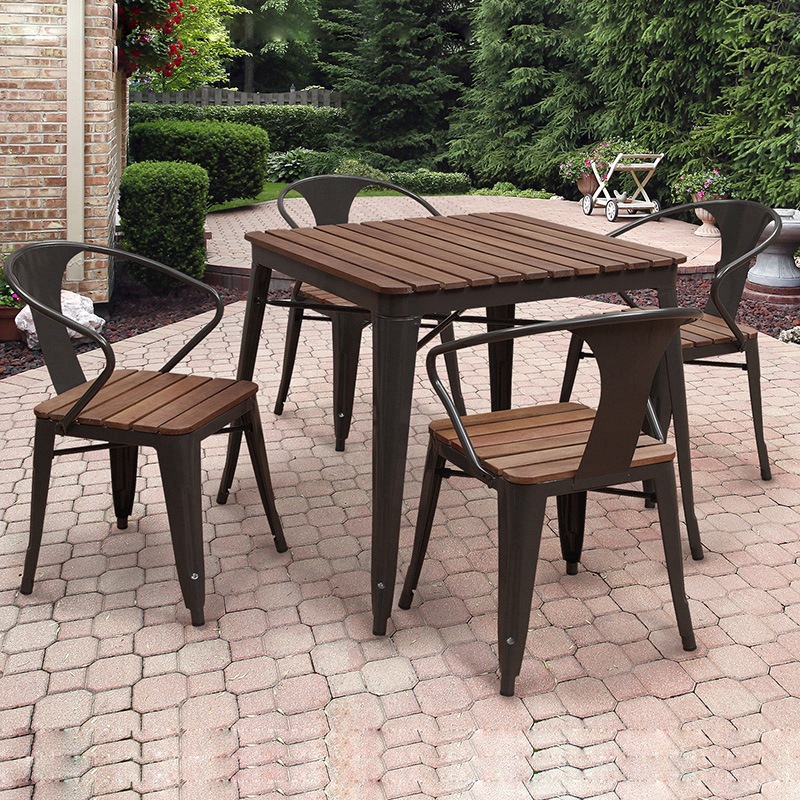 简约户外餐桌椅组合 咖啡厅奶茶店铁艺塑木桌椅庭院休闲露天桌子