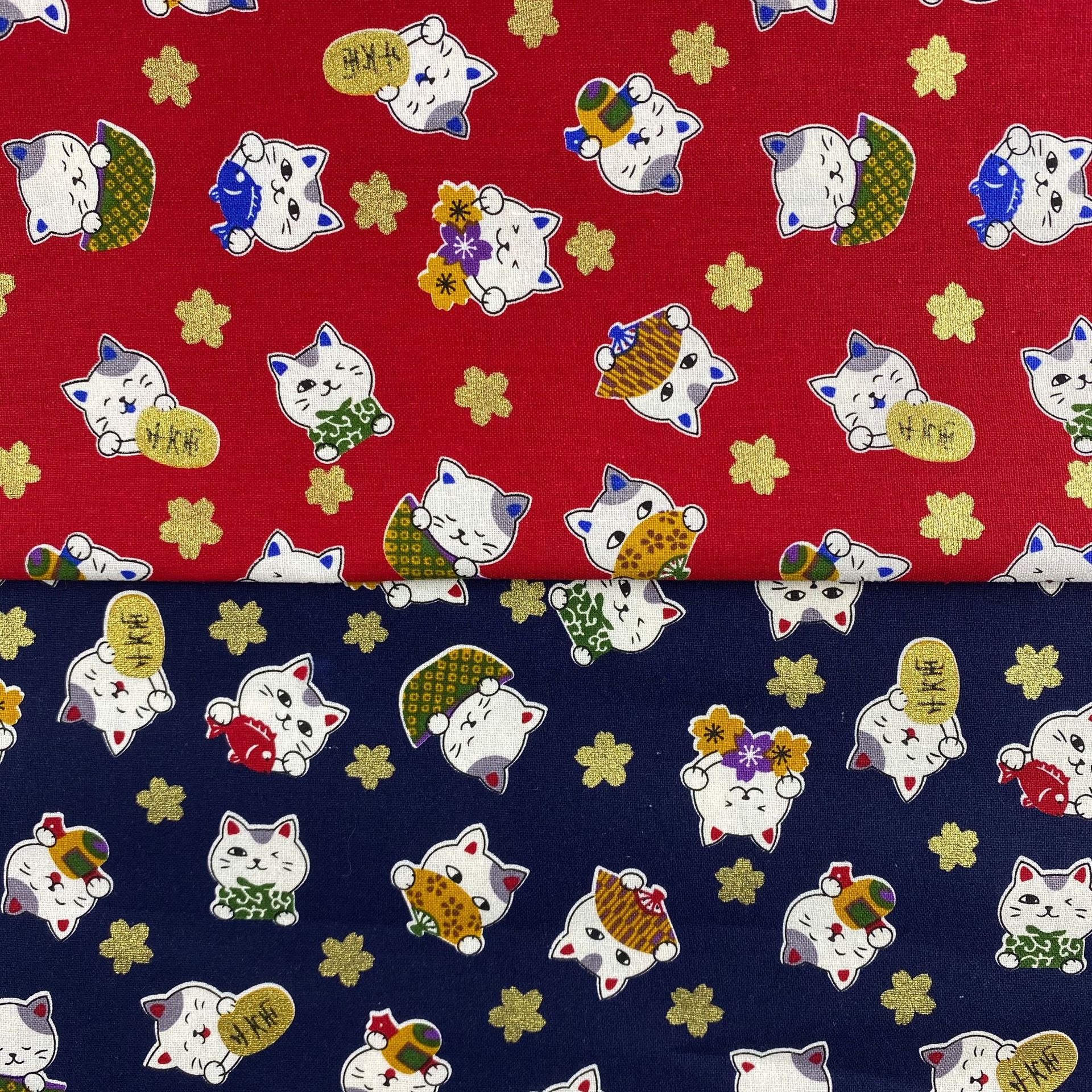 日式和风可爱卡通招财猫面料 棉烫金印花 服装diy工艺布料
