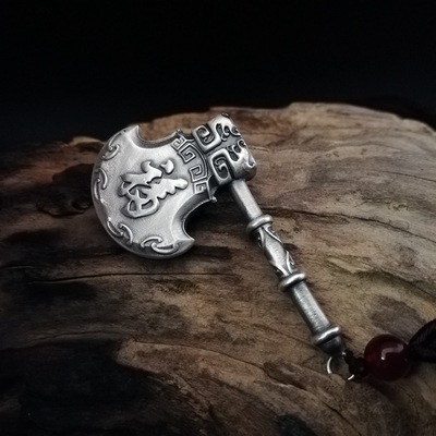 纯银999斧头吊坠 足银特色复古辟邪银挂坠转运霸气龙斧头项链