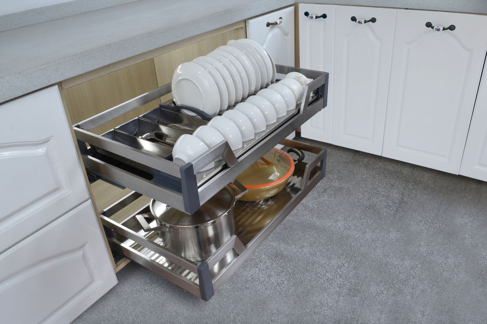 厂家直销四边不锈钢推拉式拉篮 厨房橱柜拉篮置物架平篮碗篮双层