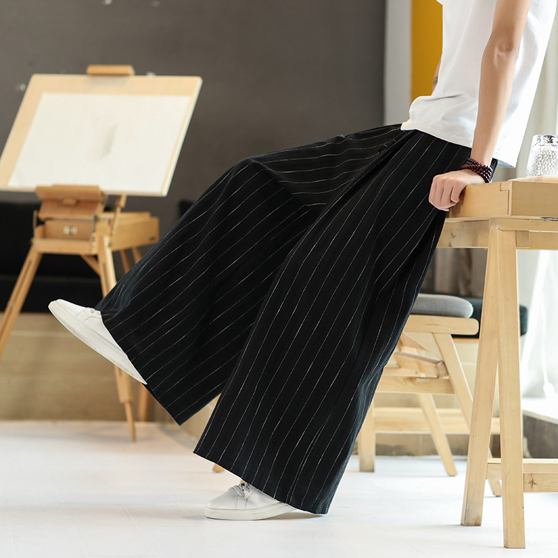 日本宽松条纹阔腿裤男和服袴裤日系肥腿休闲裤棉麻大脚裤裙裤甩裤