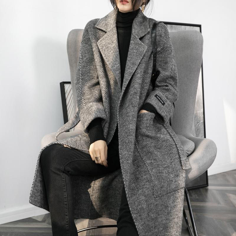 一件代发人字纹黑色羊绒大衣女中长款秋冬季千鸟格复古羊毛呢外套