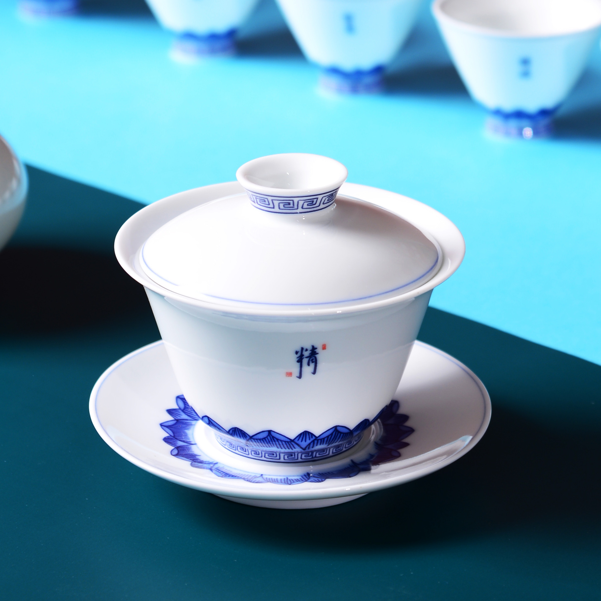 个景德镇手绘盖碗茶杯大号霁蓝三才盖碗功夫茶具青花盖碗陶瓷泡茶碗