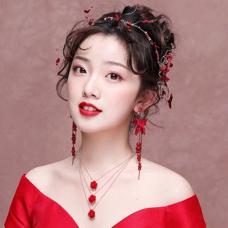 心韵新娘结婚发带酒红色敬酒服配饰头饰发箍手工串珠蝴蝶造型头饰