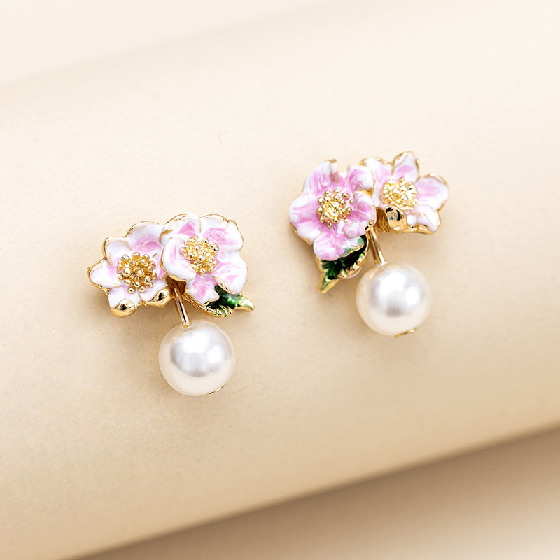 跨境爆款气质珐琅釉花朵珍珠耳钉 甜美花枝清新小花耳坠女