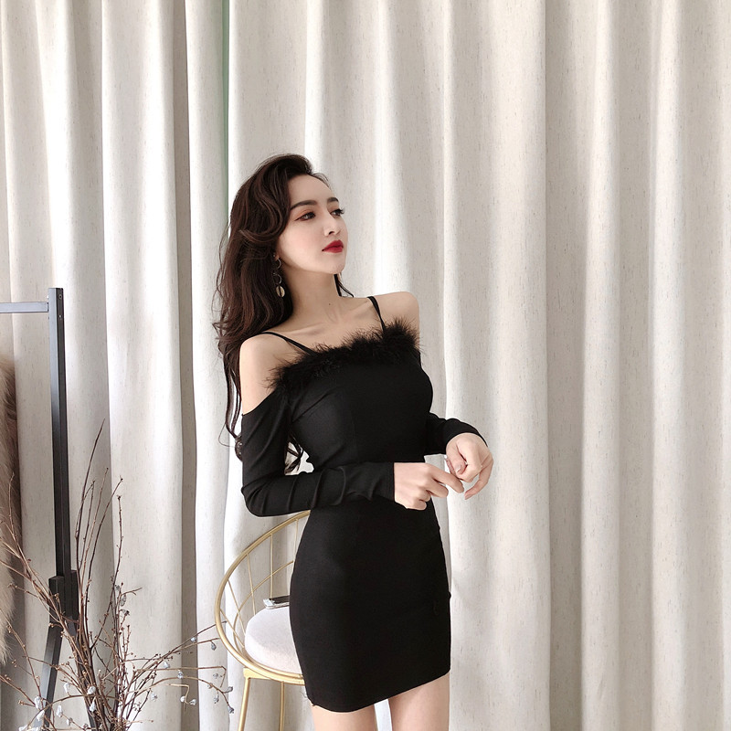 一件起批2020秋季新款韩版时尚气质性感夜店蹦迪吊带露肩毛毛领长