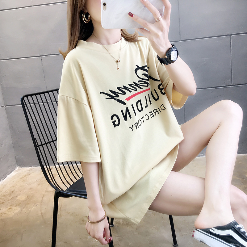 ins超火t恤女2020夏中长款七分袖体恤韩版潮学生宽松半截袖上衣服