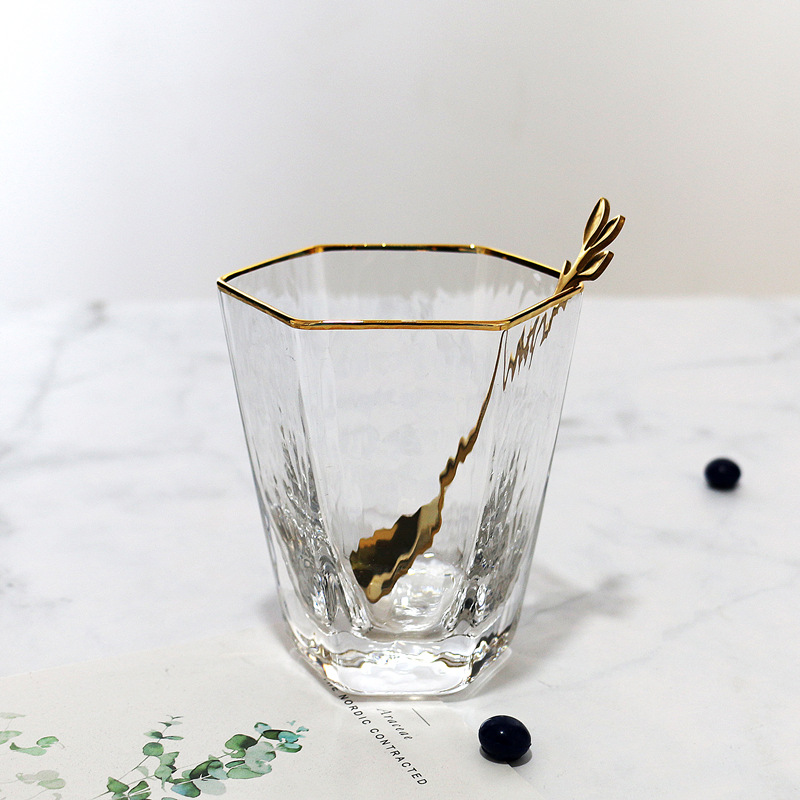 金边六棱杯透明玻璃锤纹杯家用果汁杯早餐牛奶杯水杯杯子批发