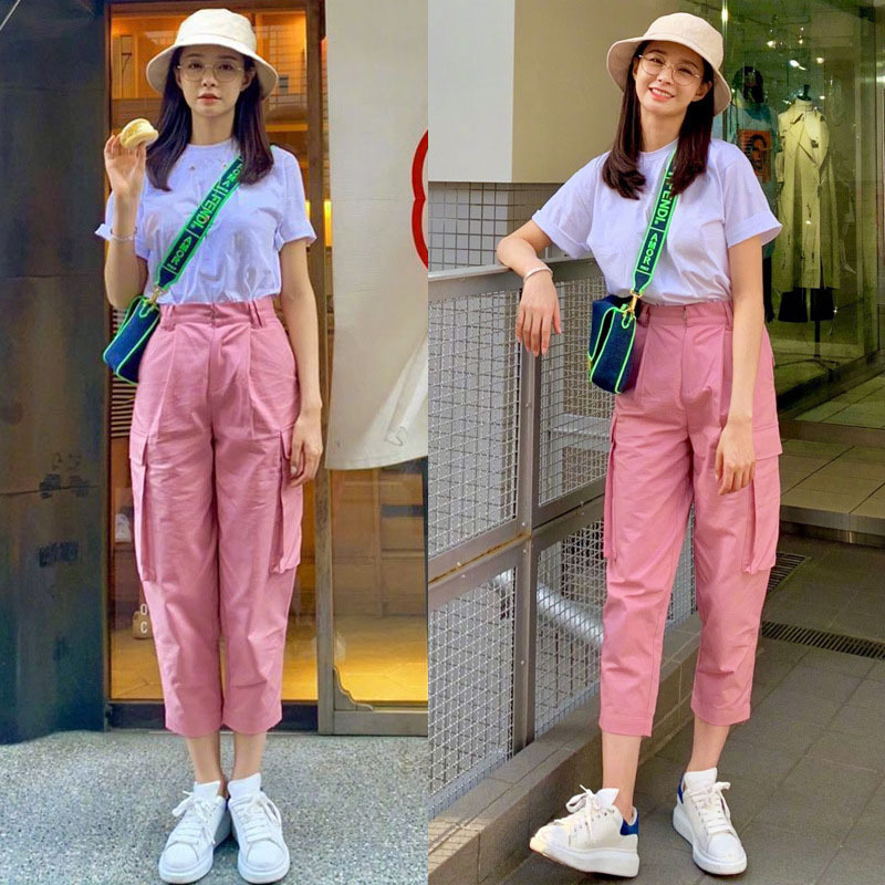 沈梦辰同款工装裤女夏粉色宽松bf休闲韩版直筒高腰显瘦裤子2020新