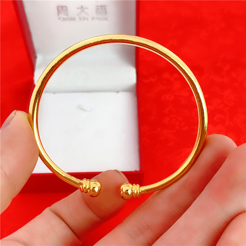 跨境爆款越南沙金首饰纯黄铜镀24k真金开口可调节圆头光面手镯女