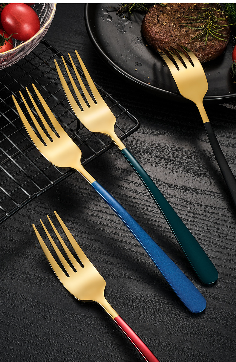 304不锈钢餐叉家用创意长柄叉子加厚酒店西餐餐具网红黑金牛排叉