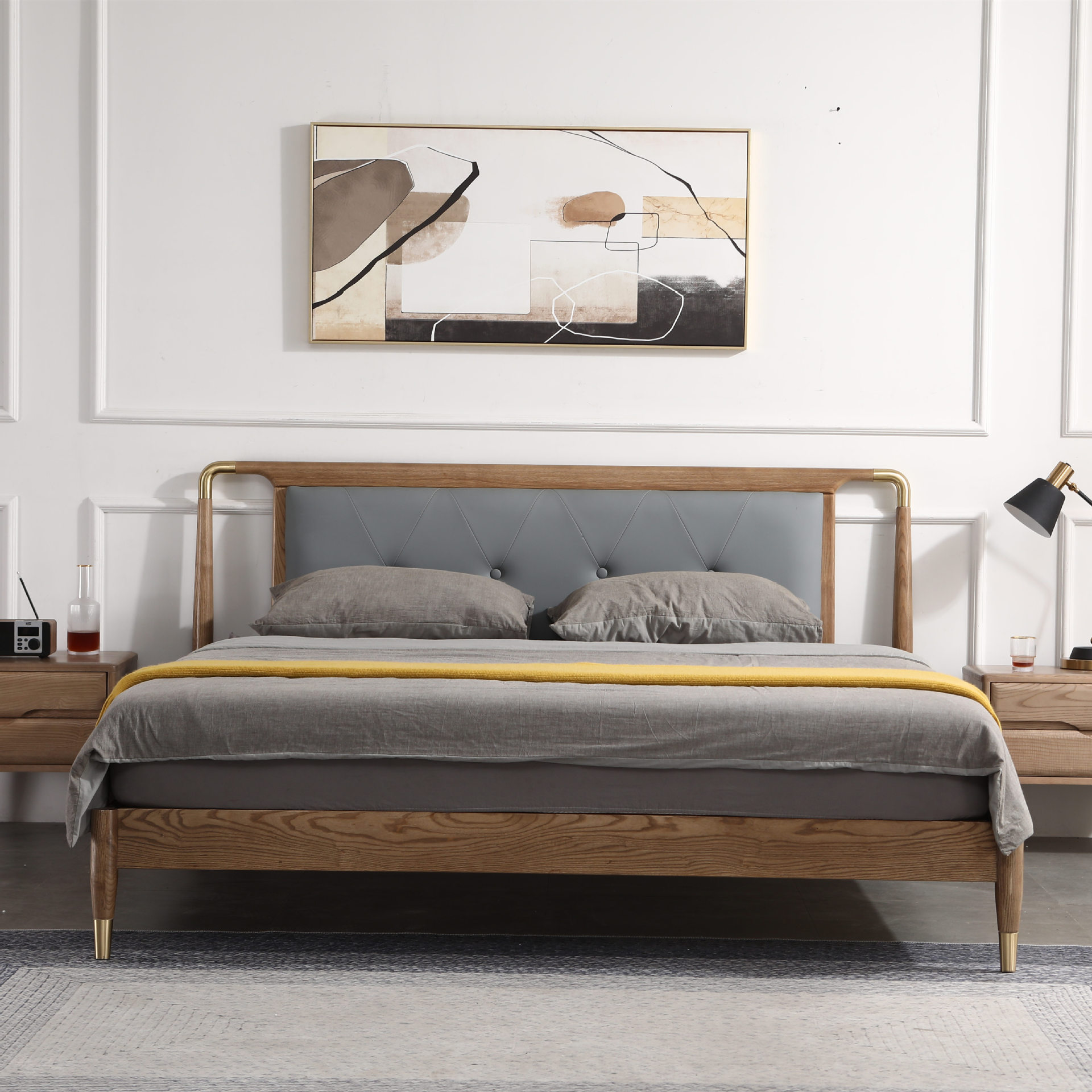 北欧轻奢白蜡木软包实木床纯铜腿现代卧室家具酒店客房双人大床