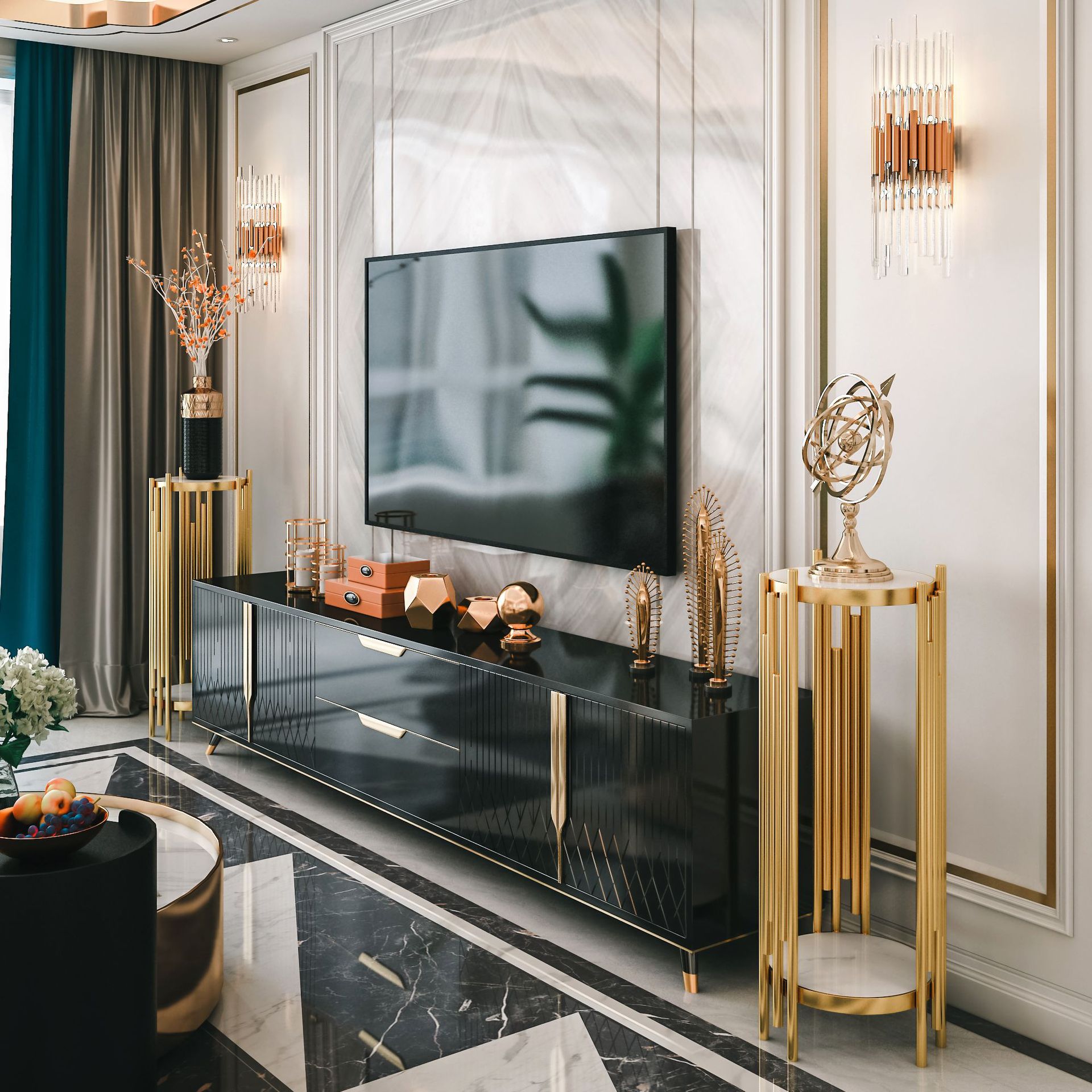 轻奢现代客厅落地摆件装饰架电视柜旁边置物架北欧沙发大理石花架