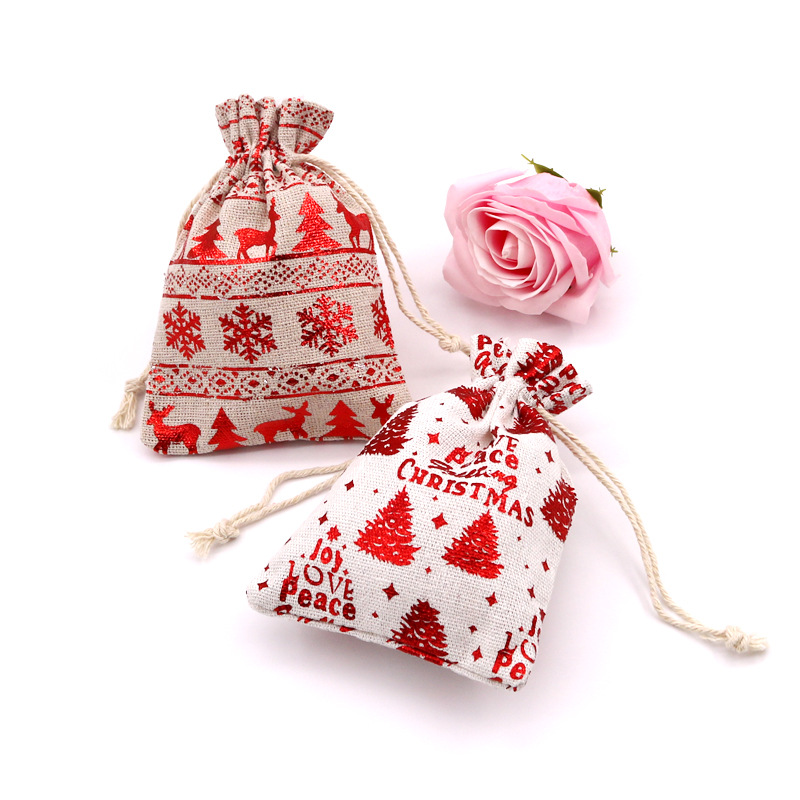 跨境货源圣诞棉布袋束口袋烫金礼品袋棉麻布袋印花装饰袋子现货