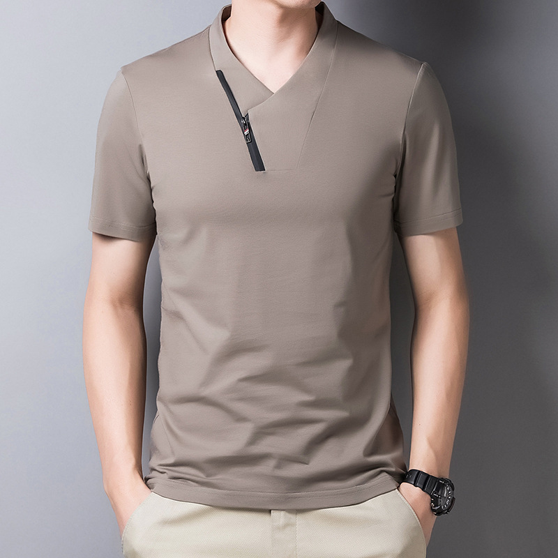 夏季新款男士短袖t桖仿蚕丝个性开领夏季薄款修身时尚半袖t恤衫男
