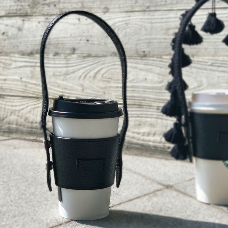 个性皮革奶茶杯套 隔热水保温杯杯套 简约可拆卸饮料挎肩杯套