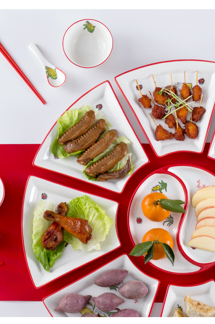 网红盘子 过节聚餐团圆盘扇形陶瓷大拼盘组合摆盘喜庆餐具定制