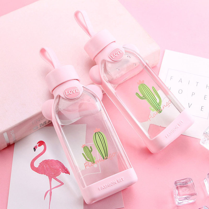 粉色少女心方形水杯可爱透明清新玻璃杯创意学生简约便携玻璃杯子