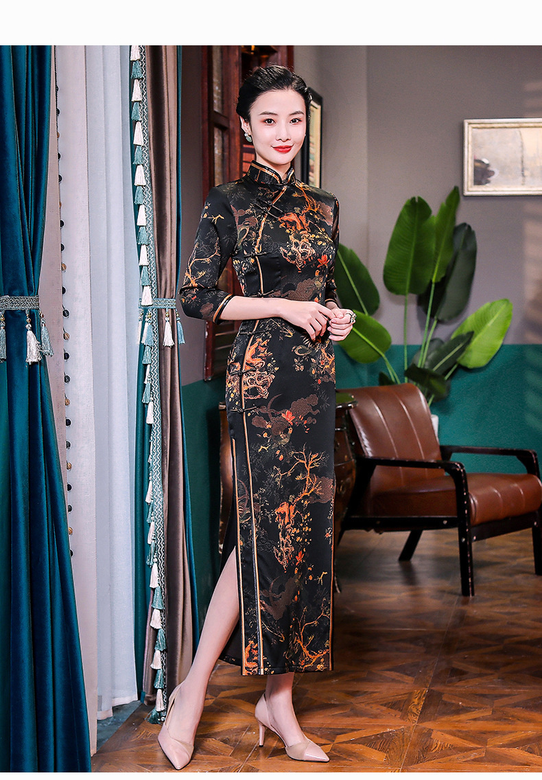 上海旗袍厂wx真丝长袖旗袍长款日常改良旗袍裙桑蚕丝连衣裙中老年老