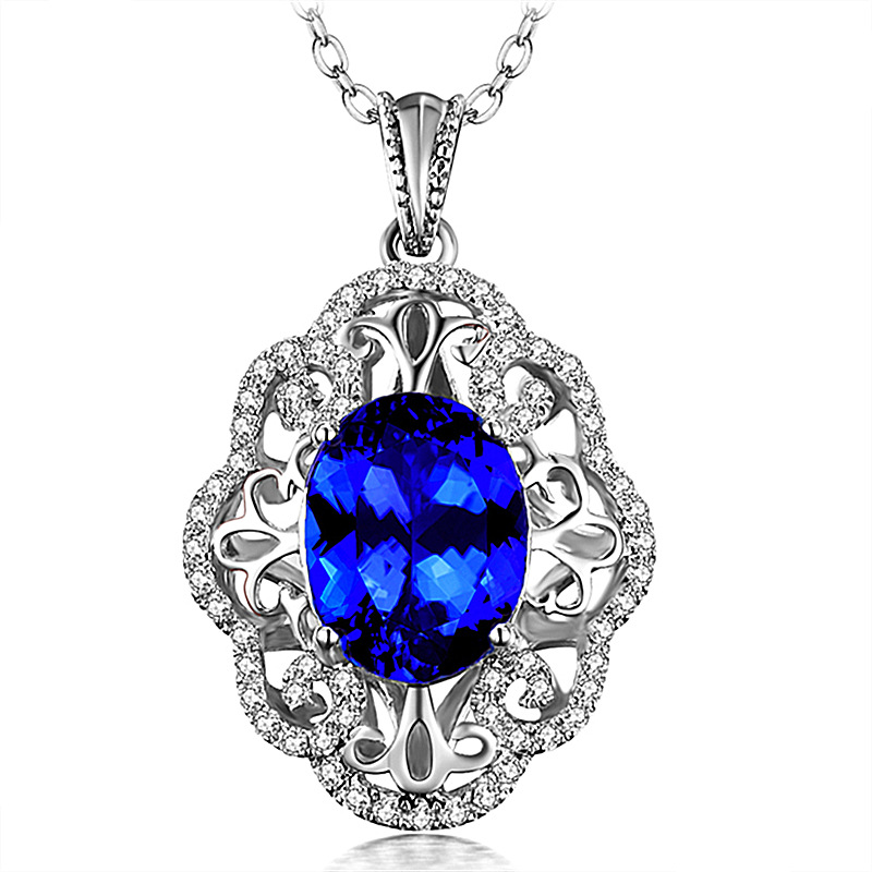新款高端奢华绽放花朵蓝宝石吊坠镂空宫廷花卉彩宝蛋形钻宝石项链