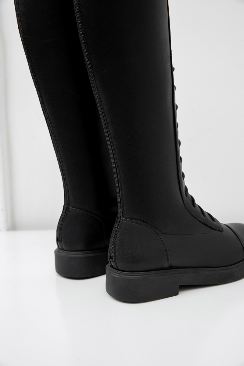 2020新款英伦风靴子女平底黑色长靴系带机车靴不过膝高筒靴t4822