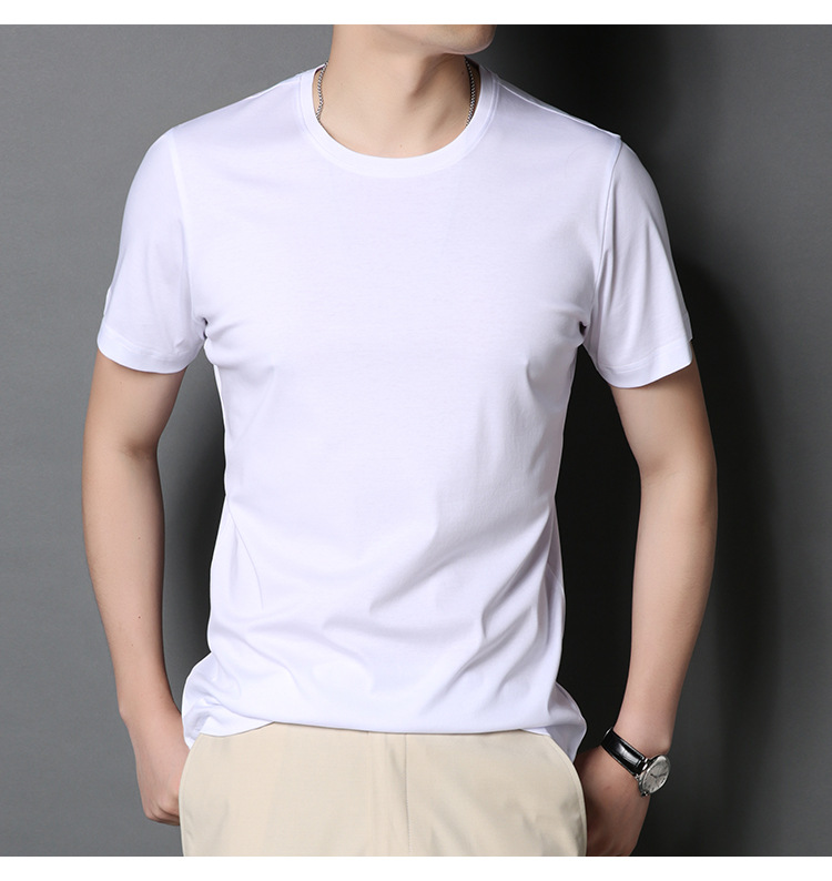 纯色双丝光混纺棉t恤男短袖夏季棉上衣单色净版体桖圆领冰丝t裇衫