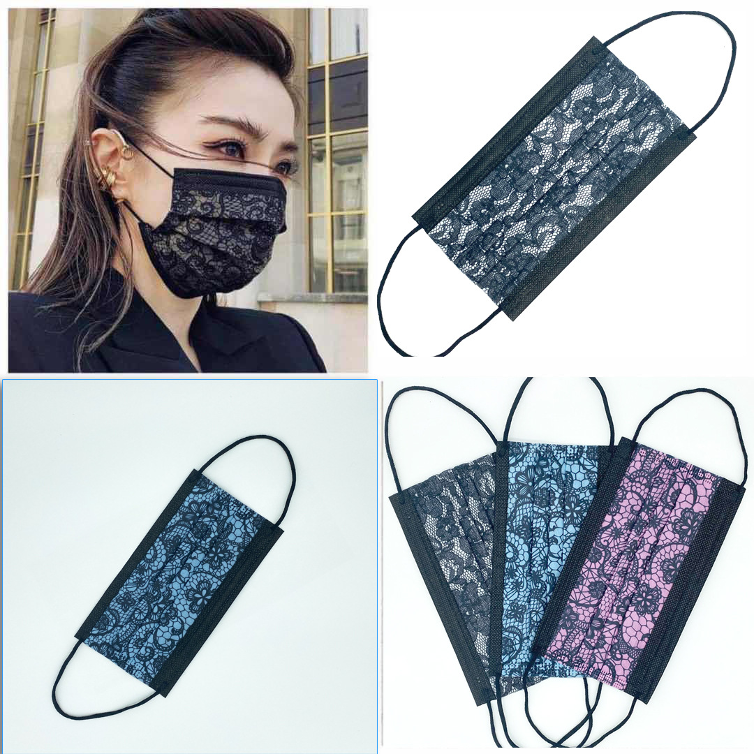 厂家直销一次性三层含熔喷黑蕾丝口罩 印花女士口罩批发face mask