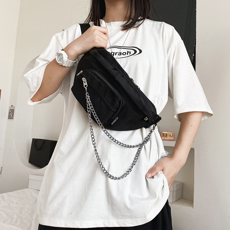 胸包女斜跨百搭潮ins街头运动风韩版个性链条斜挎包黑色单肩腰包