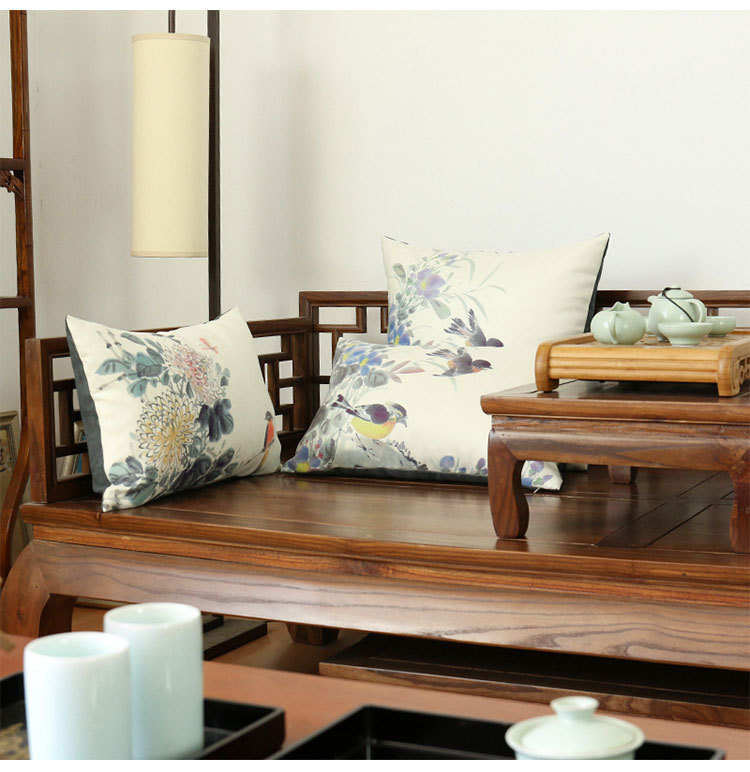 中式花鸟抱枕靠垫红木家具麂皮绒靠枕客厅实木沙发护腰风腰枕