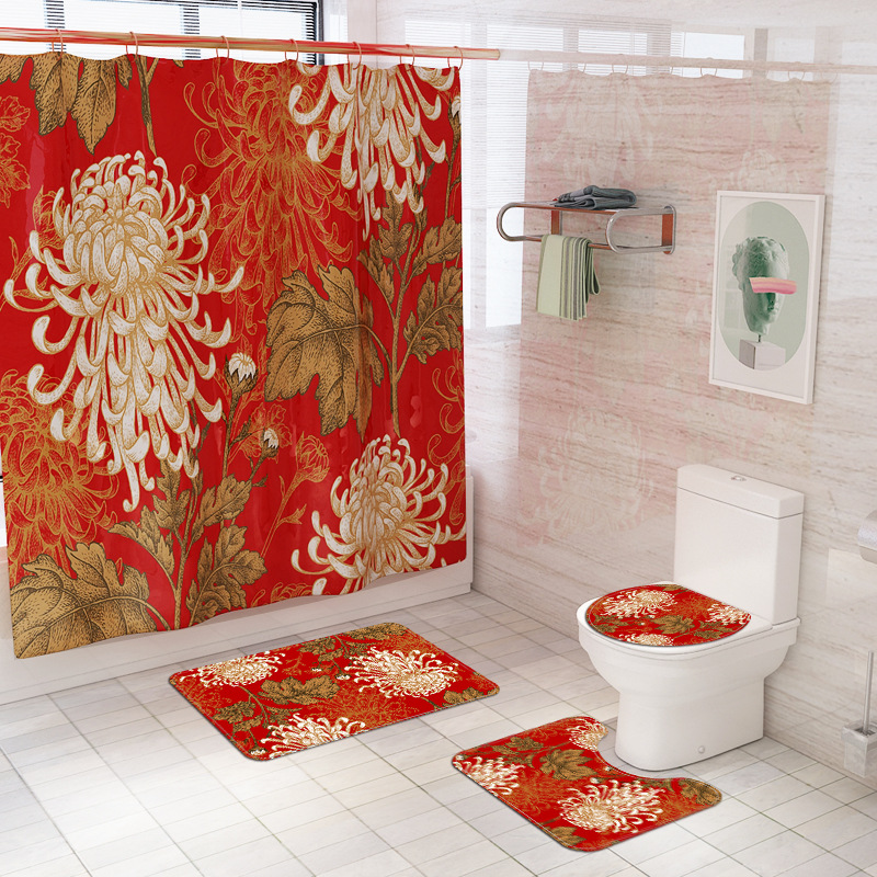 New Three-Dimensional Red Bottomed Chrysanthemum Shower Curtain Digital Printing Toilet Floor Mat Set Amazon Hot Sale Punch-Free Delivery