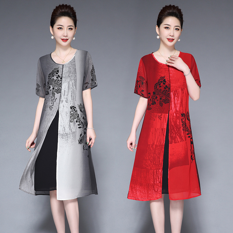 杭州丝绸女装夏季新款华哥弟情品牌妈妈装真丝连衣裙中长款假两件