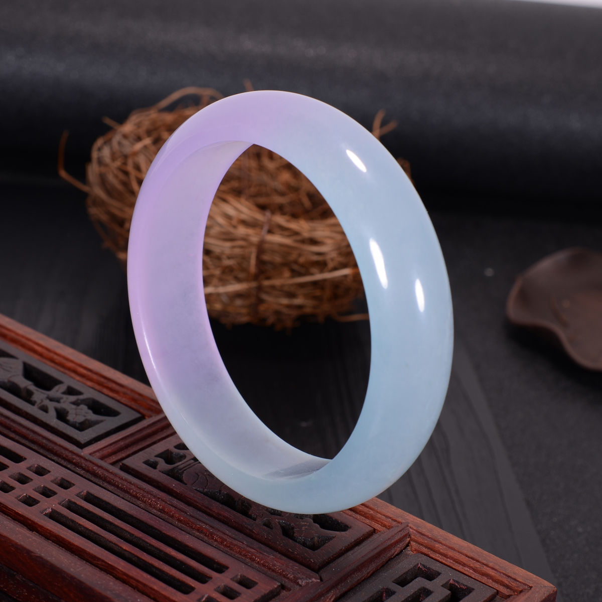 冰种翡翠色春彩半油半紫扁条手镯贵妃镯子少女款细款圆条女士玉镯