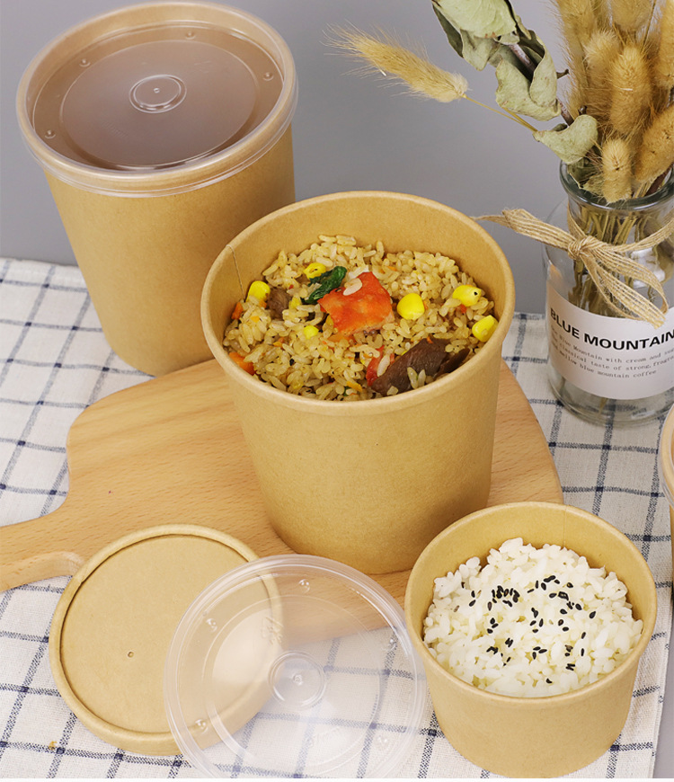 一次性牛皮纸汤桶汤杯汤碗甜品纸碗圆形带盖外卖粥桶快餐盒打包盒