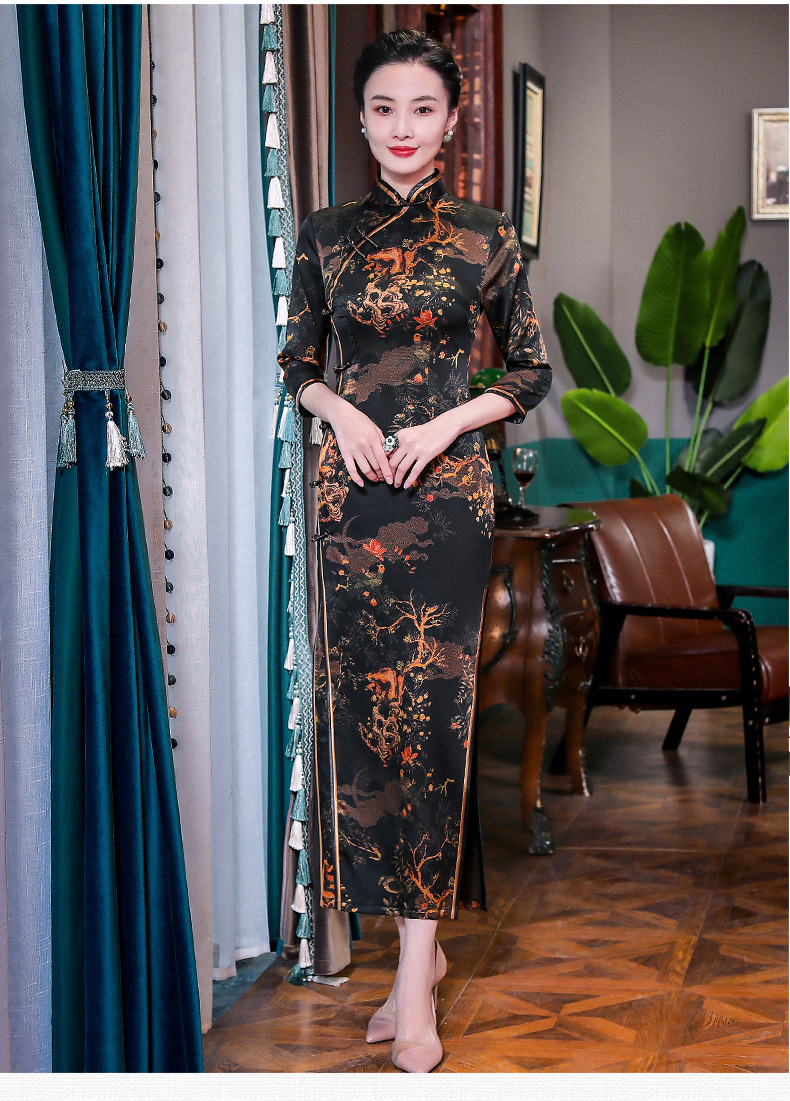 上海旗袍厂wx真丝长袖旗袍长款日常改良旗袍裙桑蚕丝连衣裙中老年老