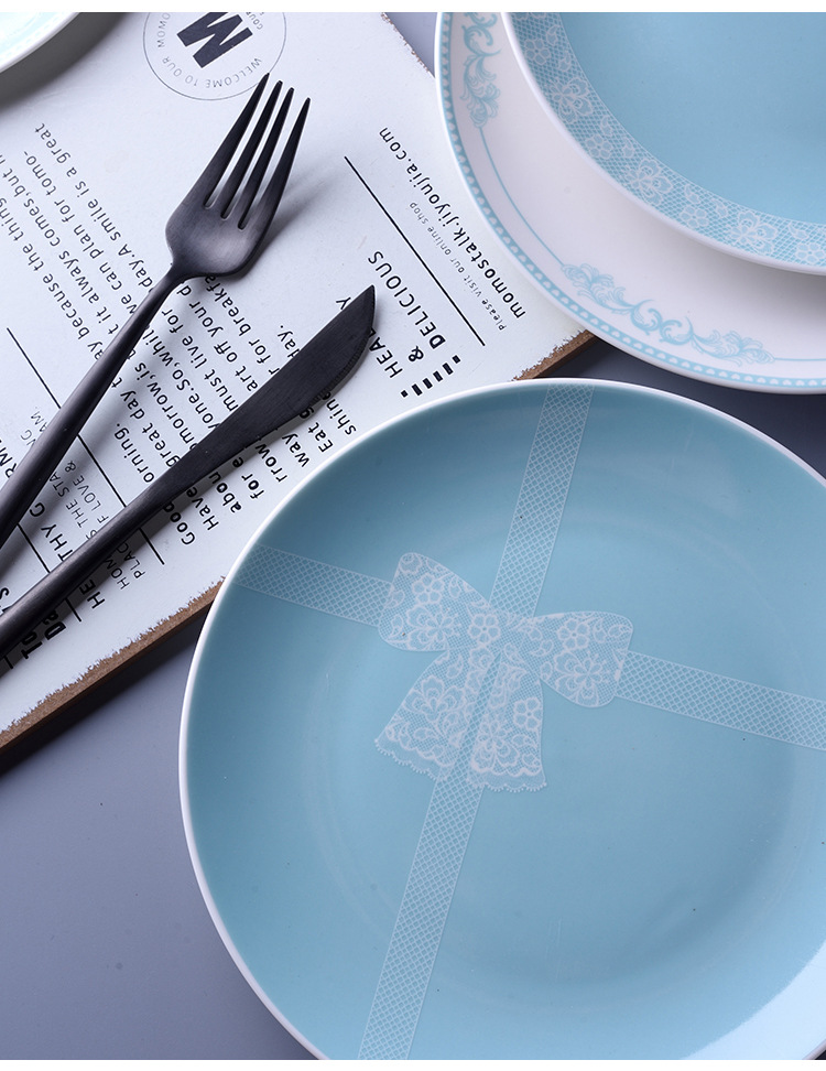 ins法式复古西餐盘子8寸蒂芙尼蓝蝴蝶结系列陶瓷盘美食摆拍早餐盘