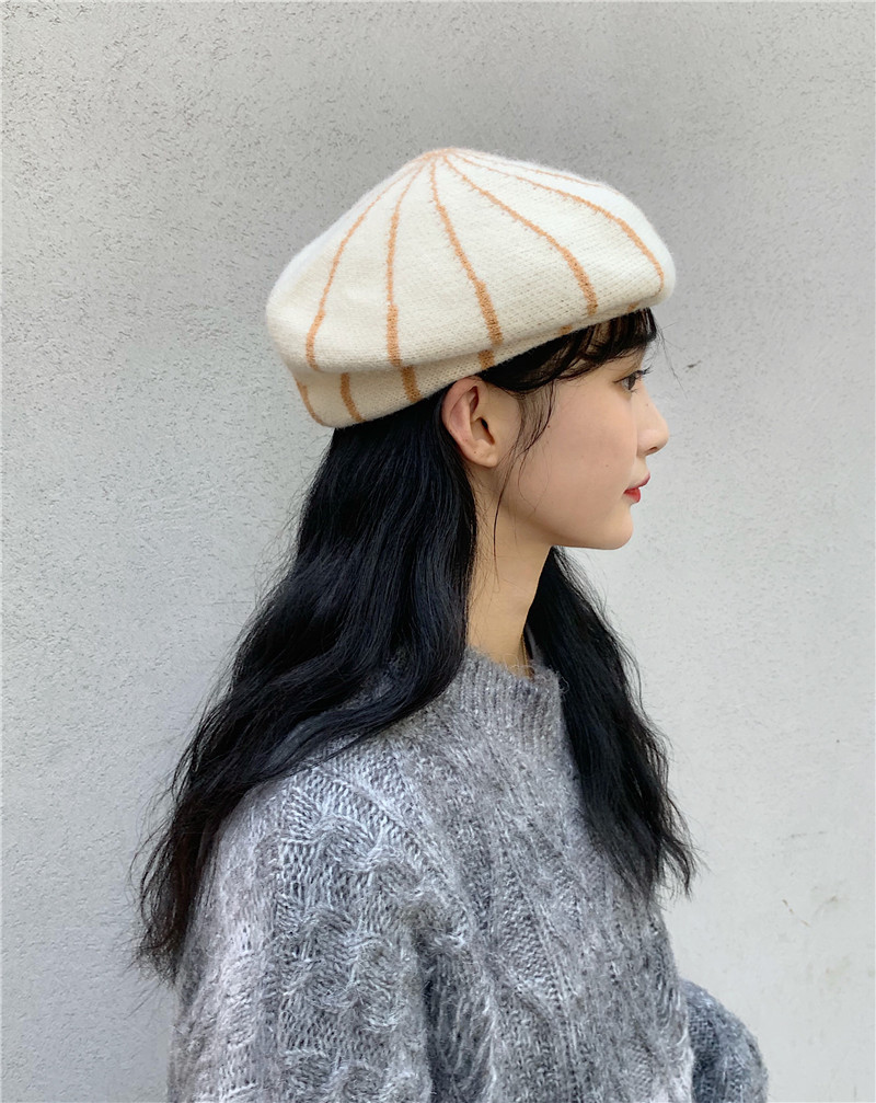 条纹格子潮牌时尚软顶八角帽子女日系文艺复古网红秋冬贝雷鸭舌帽