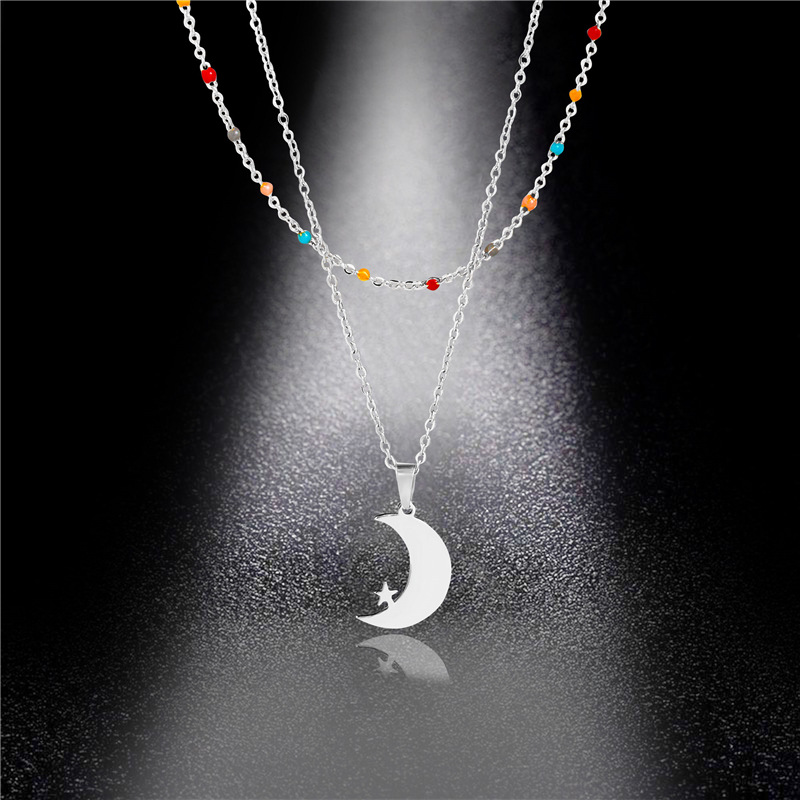 Japanese and Korean-Style Simple Titanium Steel Moon Necklace Women's Stainless Steel Oil Dripping Double-Layer Chain Star Moon Clavicle Chain Birthday Gift Wholesale