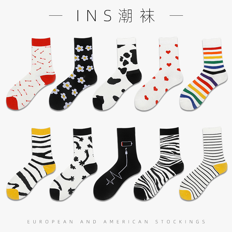 Men's and Women's Trendy Socks Personality Couple Tube Socks Cartoon Striped Street Fashion European and American Fashion Four Seasons Cotton Socks