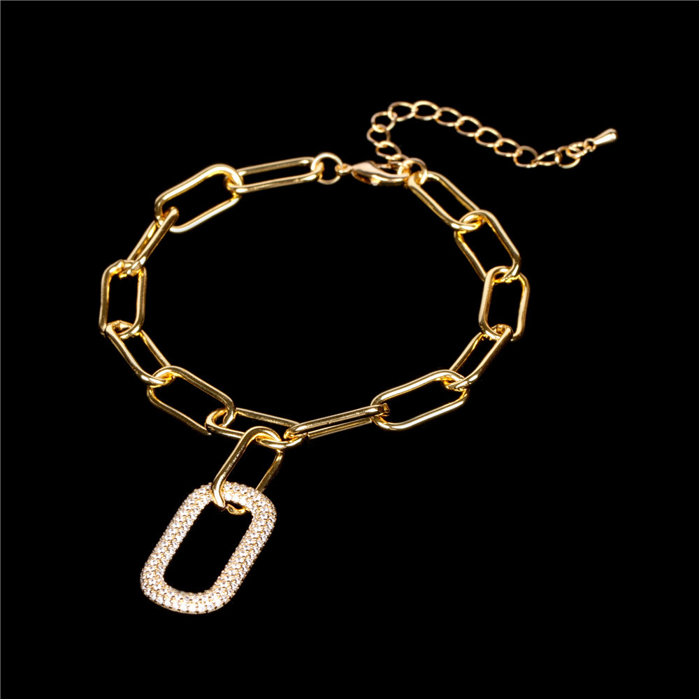 欧美跨境配饰 ins潮嘻哈索链手链 apm同款镶钻椭圆形吊坠粗链手链