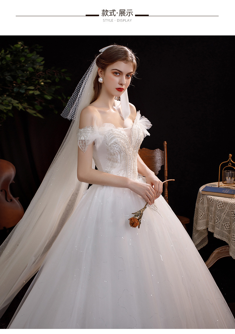 轻新娘婚纱礼服齐地法式高腰蕾丝法式礼服新娘结婚齐地一字肩婚纱