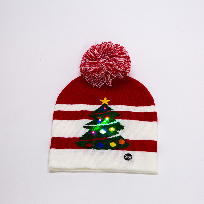 Manufacturers Customize European and American Christmas Pattern Knitted Hat with Led Lights Knitted Christmas Hat Processing Customization