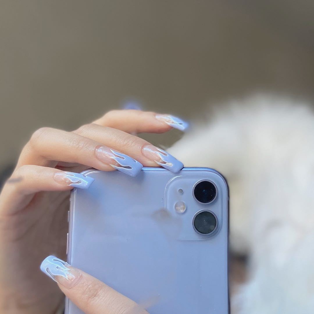 欧美浅蓝火焰美甲穿戴甲成品假指甲指甲贴片防水可拆甲片美甲贴片