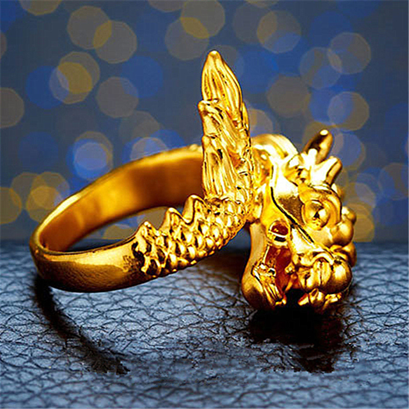 霸气龙临天下镀黄金龙头戒指 开口霸王龙头指环 婚庆生肖龙戒指