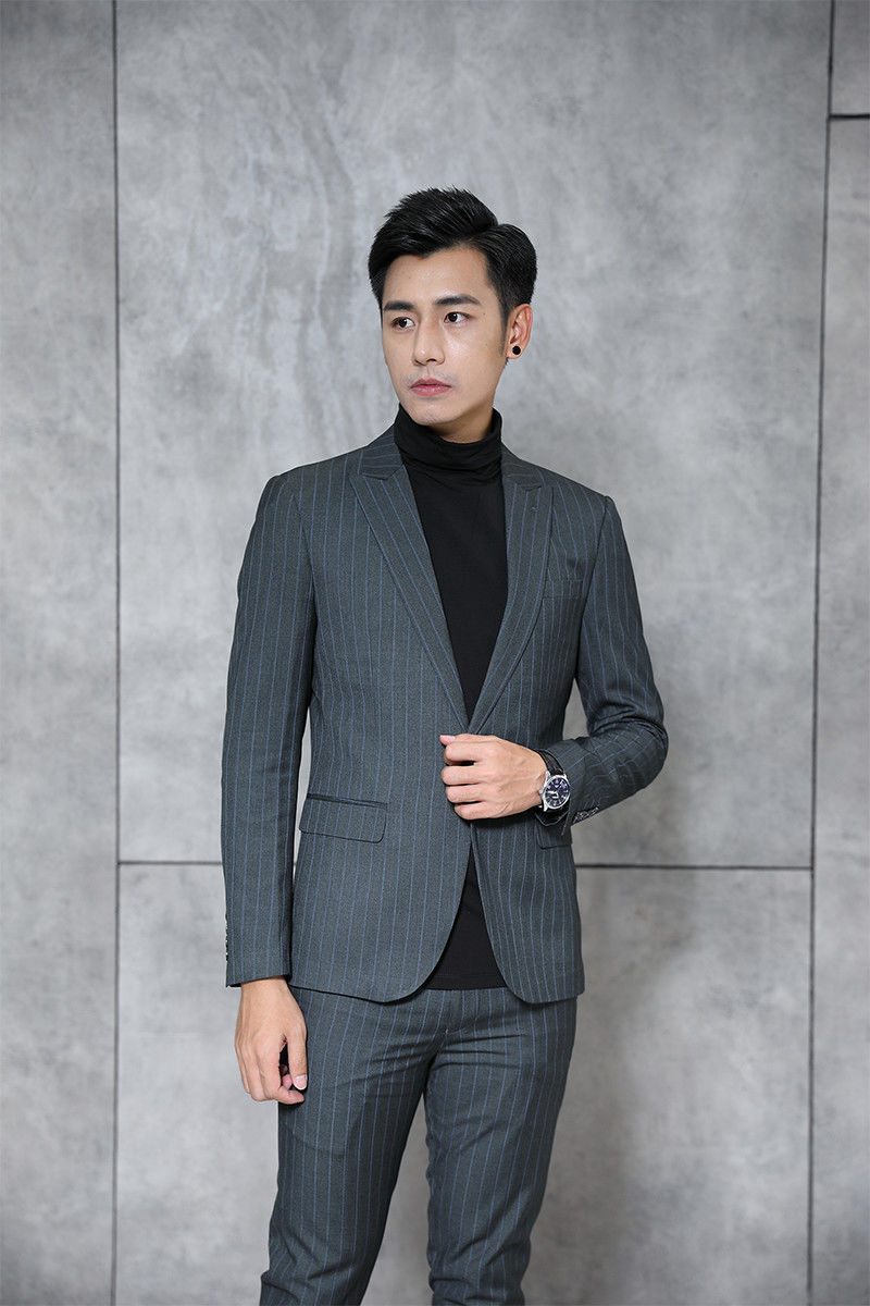 时尚新款韩版英伦条纹男士小西装套装秋冬外套单西服休闲夜店潮流