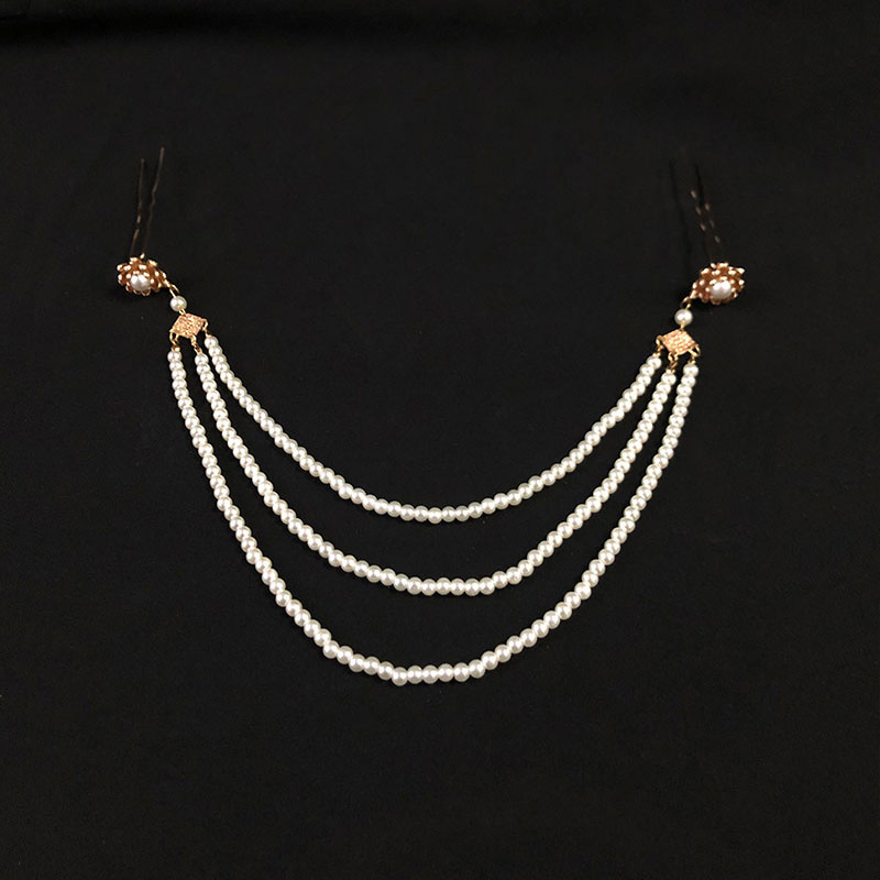 宋风明制古风珍珠发簪三层珠帘汉服仙女头饰流苏额饰围髻妆花发钿