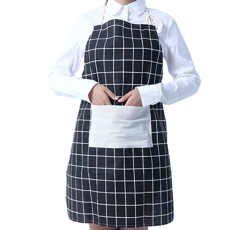 Kitchen Cotton and Linen Apron Oil-Proof Thickening Apron Cooking Protective Clothing Korean Fashion Simple Adult Plaid Overclothes