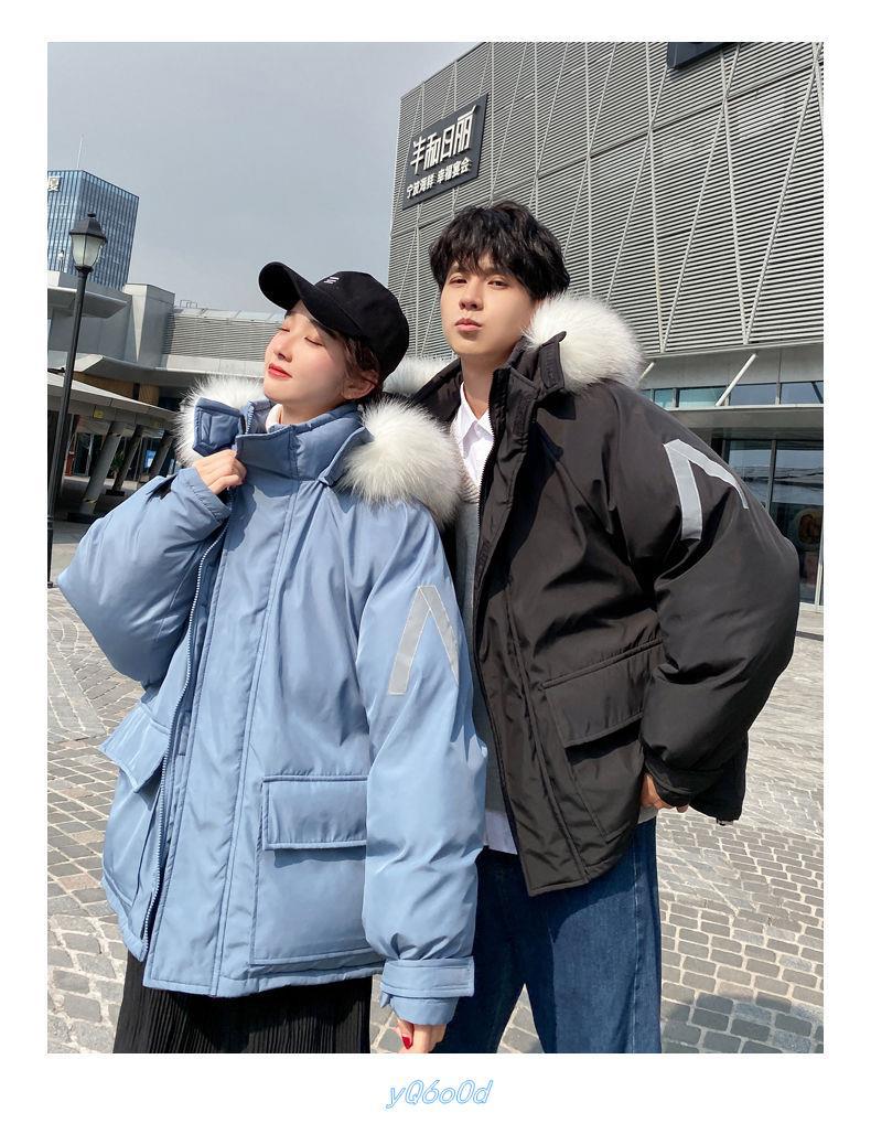 2020新款情侣款棉袄大毛领棉衣面包服反光棉服男女情侣装冬季外套