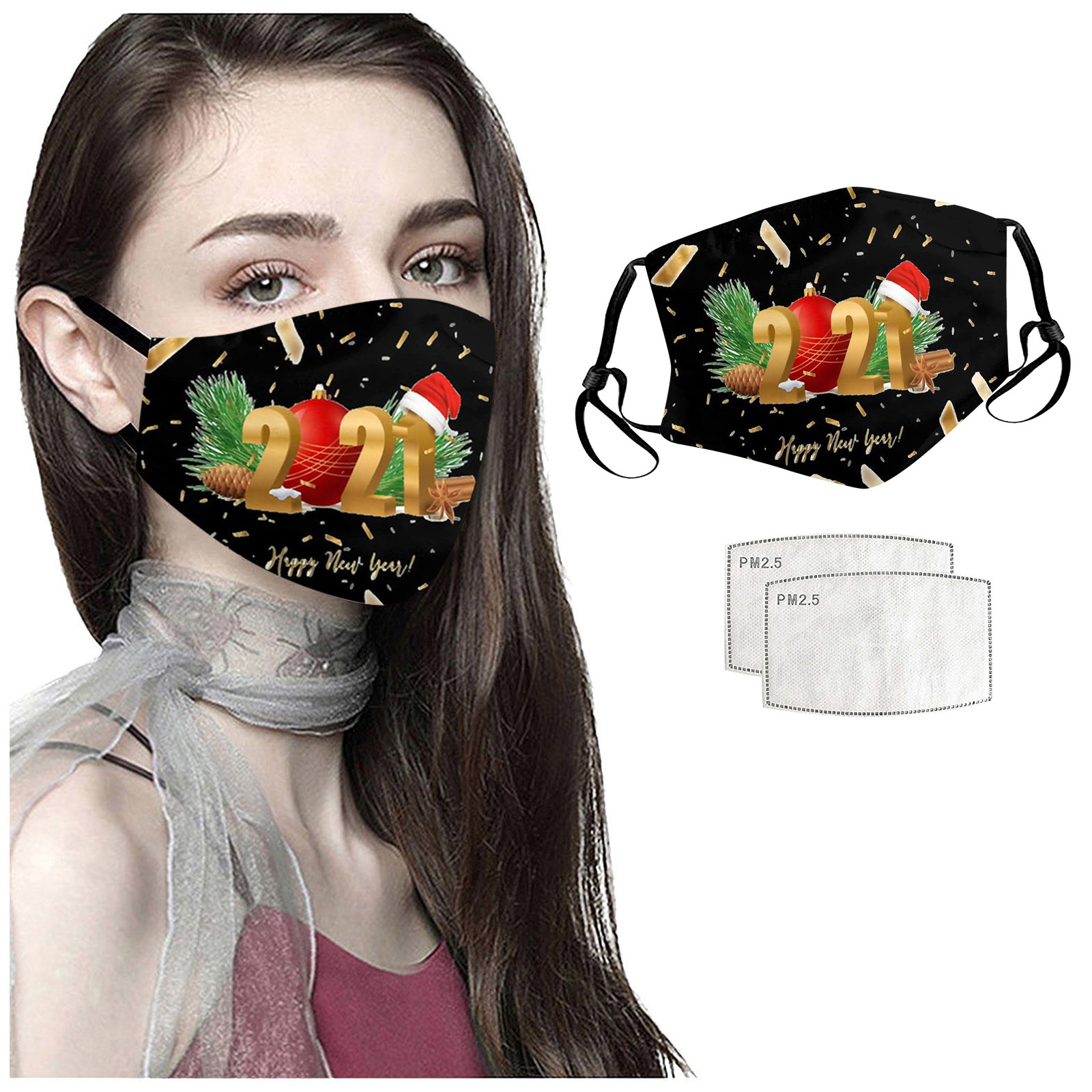 2021新年棉布印花口罩可水洗跨境热卖防尘防雾霾三层(带滤片)