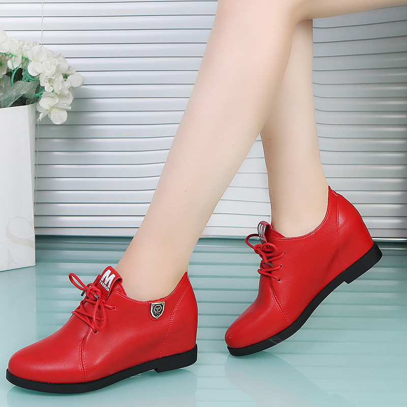 珍妮公主英伦系带内增高女单鞋学生运动休闲鞋红黑色防滑坡跟女鞋
